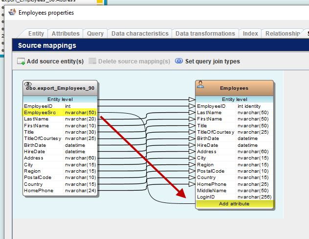 add the new attribute EmployeeSrc to the Employees entity.